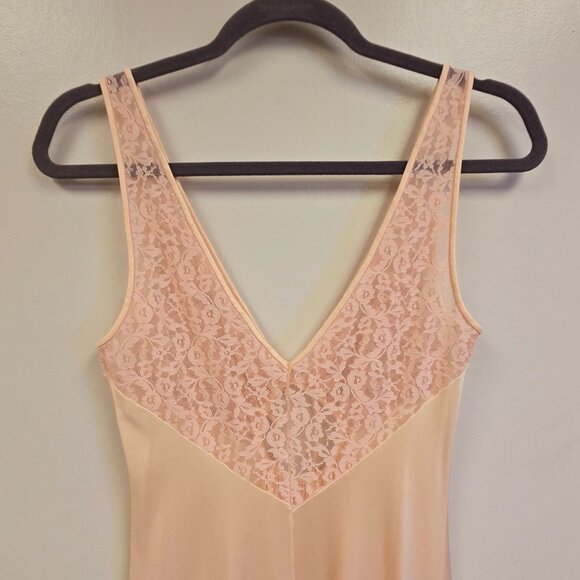 Vintage S Peach Lace-Trimmed Full-Length Nightgown Tie-Back Glam Sexy Romantic - Picture 3 of 14